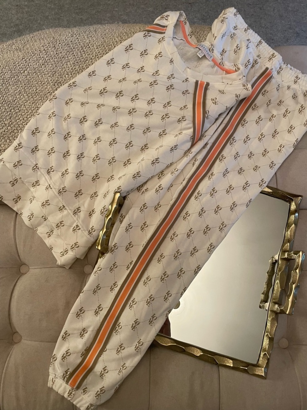 PJ Salvage Stripe Lounge Set - Cream with Orange & Black Trim